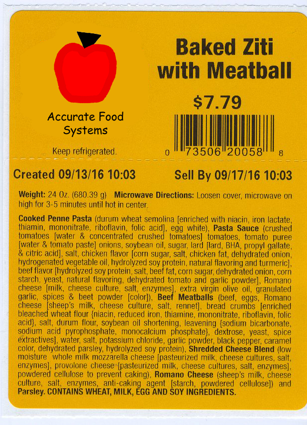 An example of top notch humor, an Accurate Food Systems label.